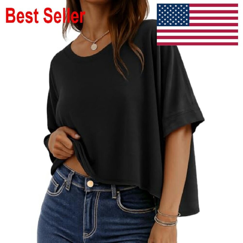 Oversized Half Sleeve Crop Top Casual Chic Y2K Minimal Summer Blouse - Picture 2 of 7